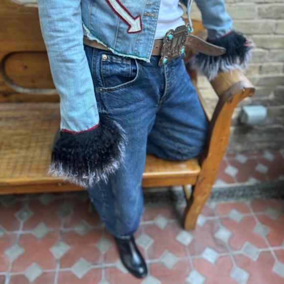 Chic Upcycled Denim Jacket with Mongolian Lamb Fur Collar and Cuffs with Cowhide - Picture 3 of 14